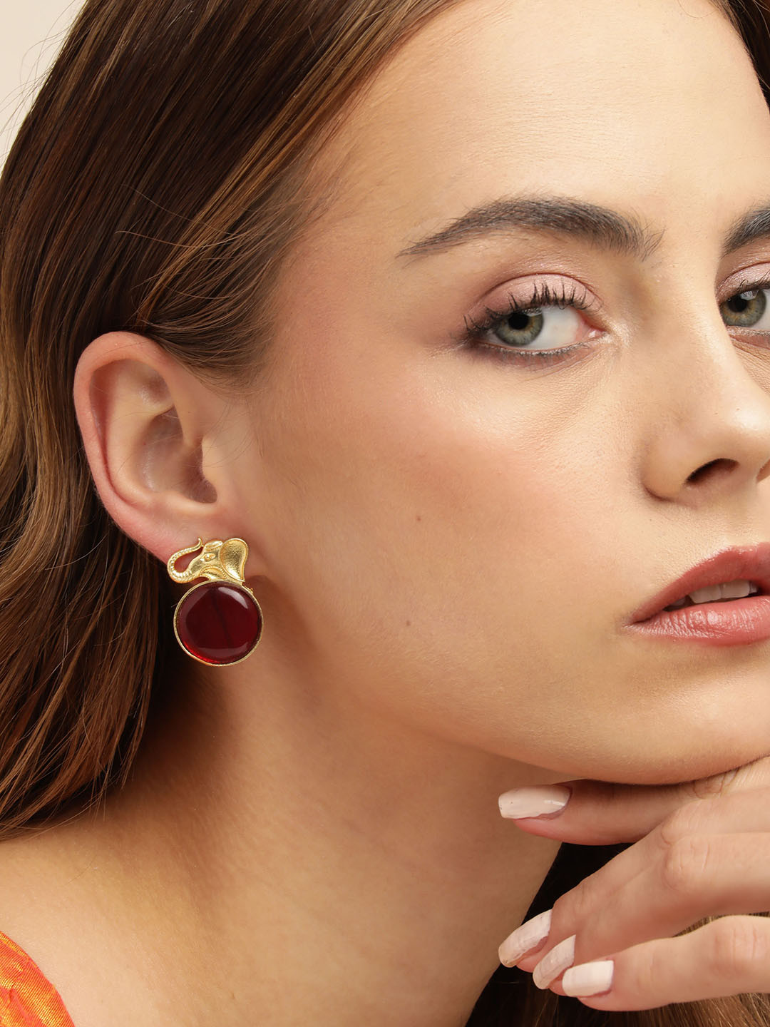 Anouk Gold Plated Beaded Contemporary Studs Earrings with Elephant Design Detail