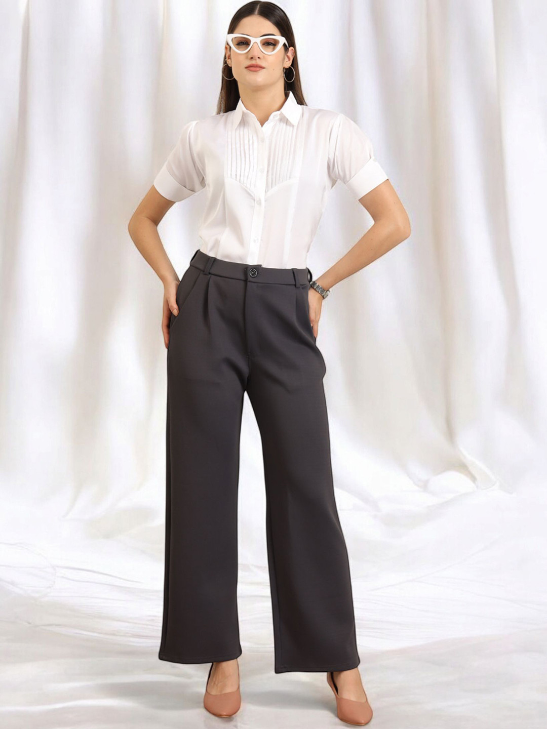 All About You Formals Women High-Rise Wrinkle Free Pleated Cotton Korean Trousers