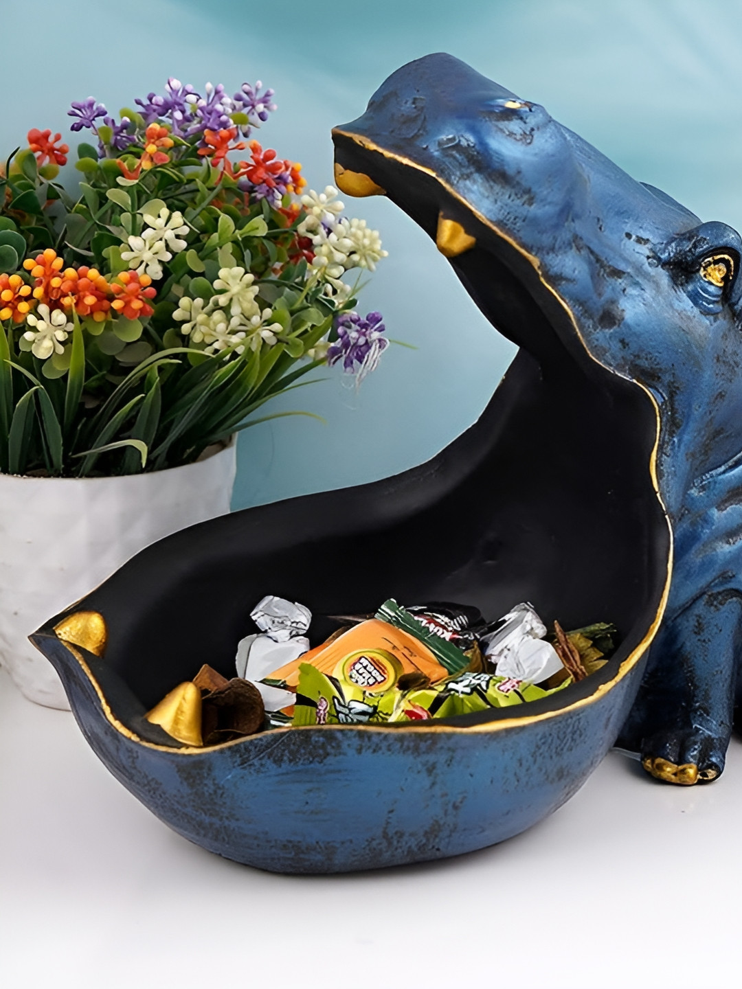 Zart Angry Hippopotamus Blue Polyresin Matte Living Room Medium Showpiece - 8 Inches