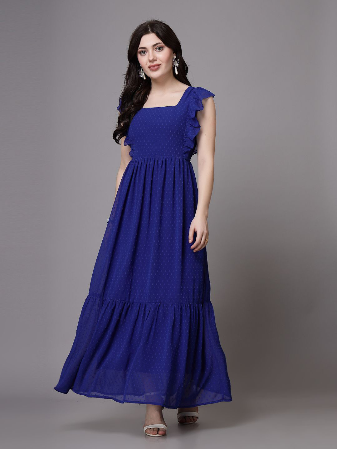 BAESD Women Self Design Fit & Flare Maxi Dress With Ruffle Details
