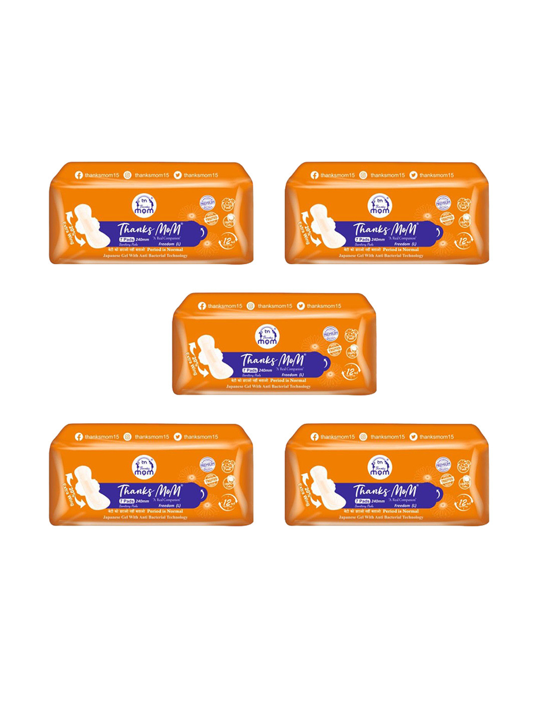 THANKS MOM Pack Of 5 Freedom Leakproof Soft Cotton Pads - L -7 Pads Each