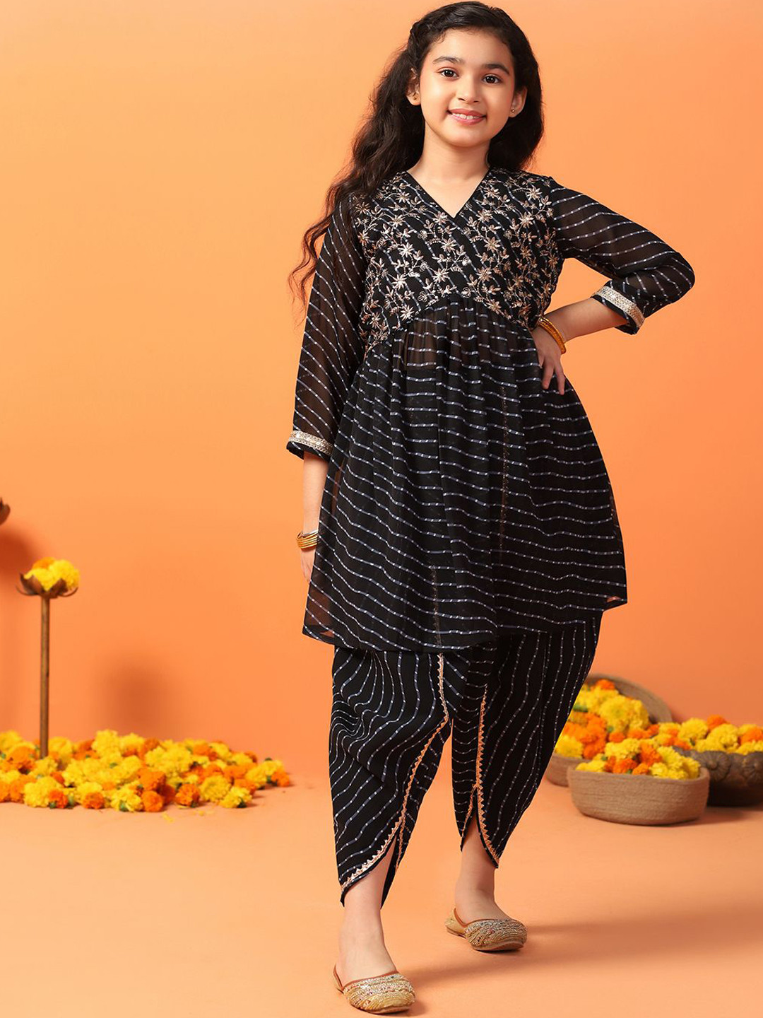 BAESD Girls Leheriya Printed Regular Sequinned Kurta with Dhoti Pants