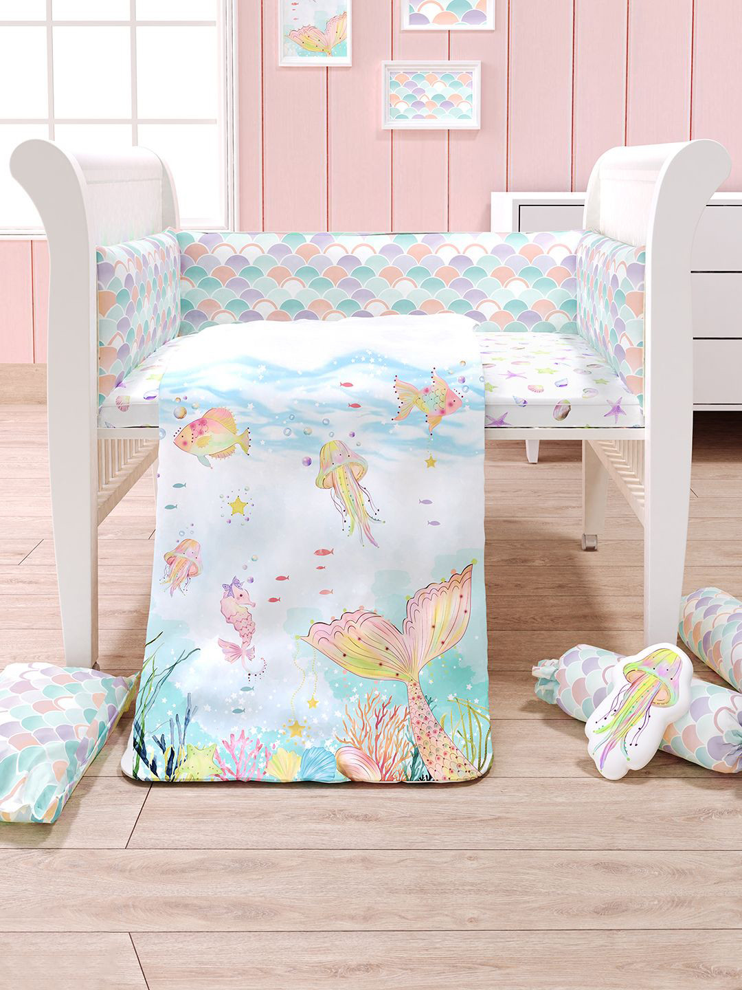 Fancy Fluff Girls 7-Pcs White & Sea-Green Printed Organic Cotton Baby Bed Set