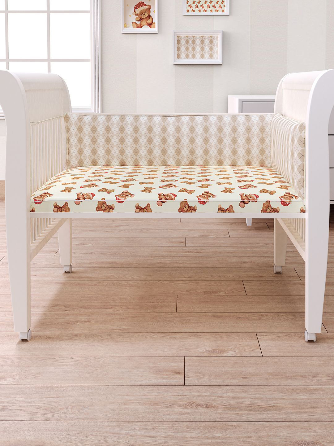 Fancy Fluff Unisex Beige & Brown Printed Organic Cotton Cot Half Bumper