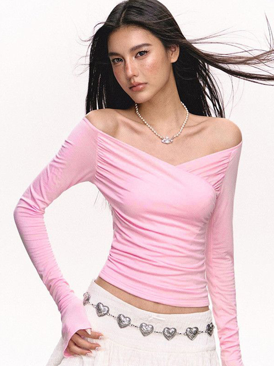 bebe Pink Off-Shoulder Full Sleeve Fitted Ruched Top