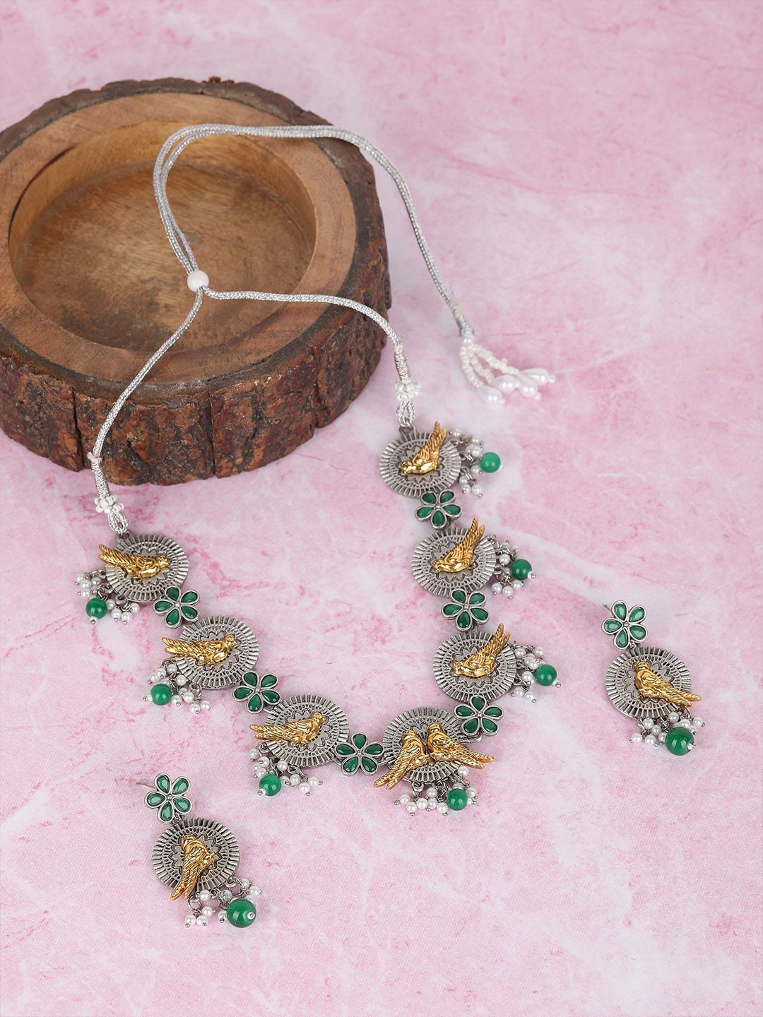 Sangria Silver Plated Gemstone Studded Jewellery Set