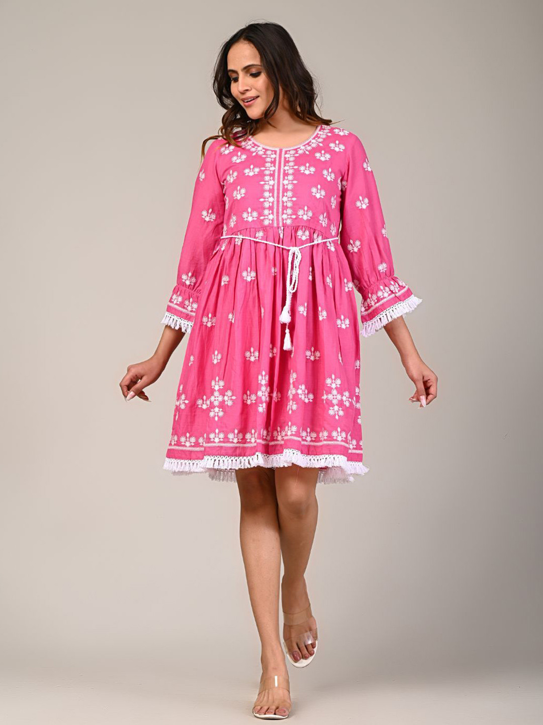 Zolo Label Women Floral Embroidered Bell Sleeve Cotton Fit & Flare Dress