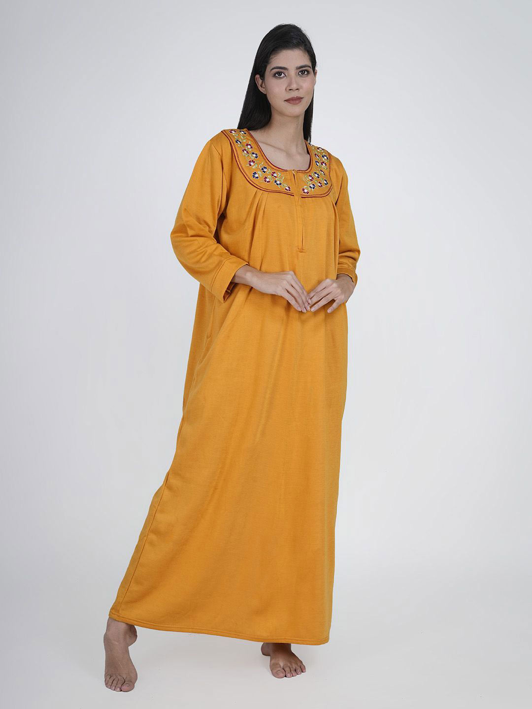 Aartej Women Mustard Fleece Embroidered Nighty