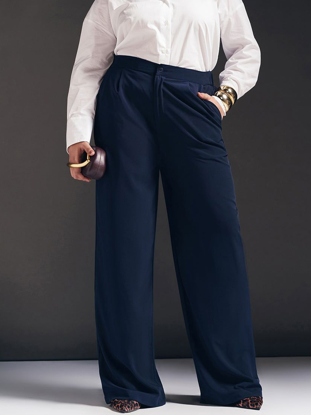 FREAKINS Women Relaxed High-Rise Curve Pleated Straight Fit Korean Trousers