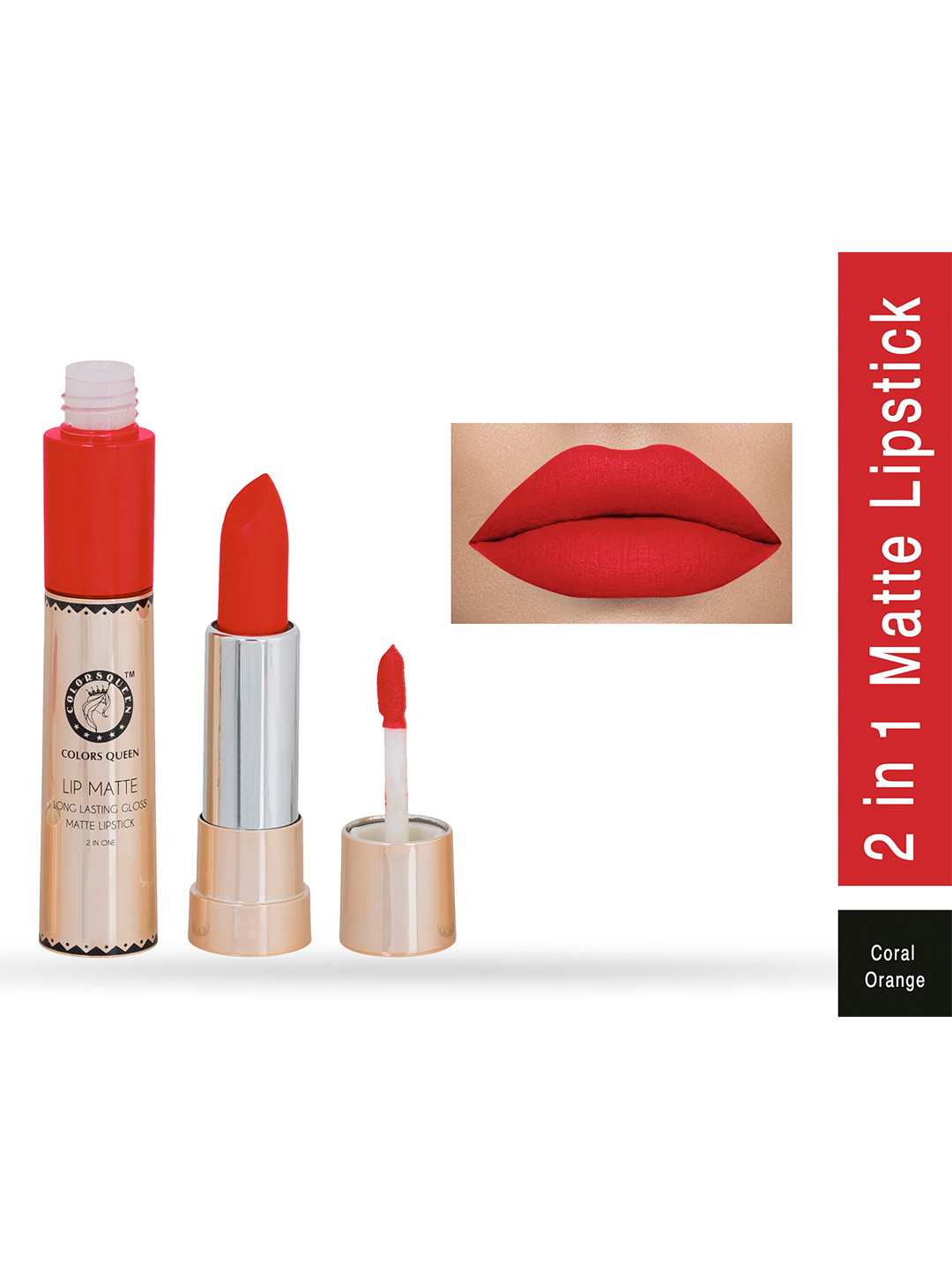 Colors Queen Lip Matte Long Lasting Gloss 2 in 1 Lipstick 8 g - Coral Orange