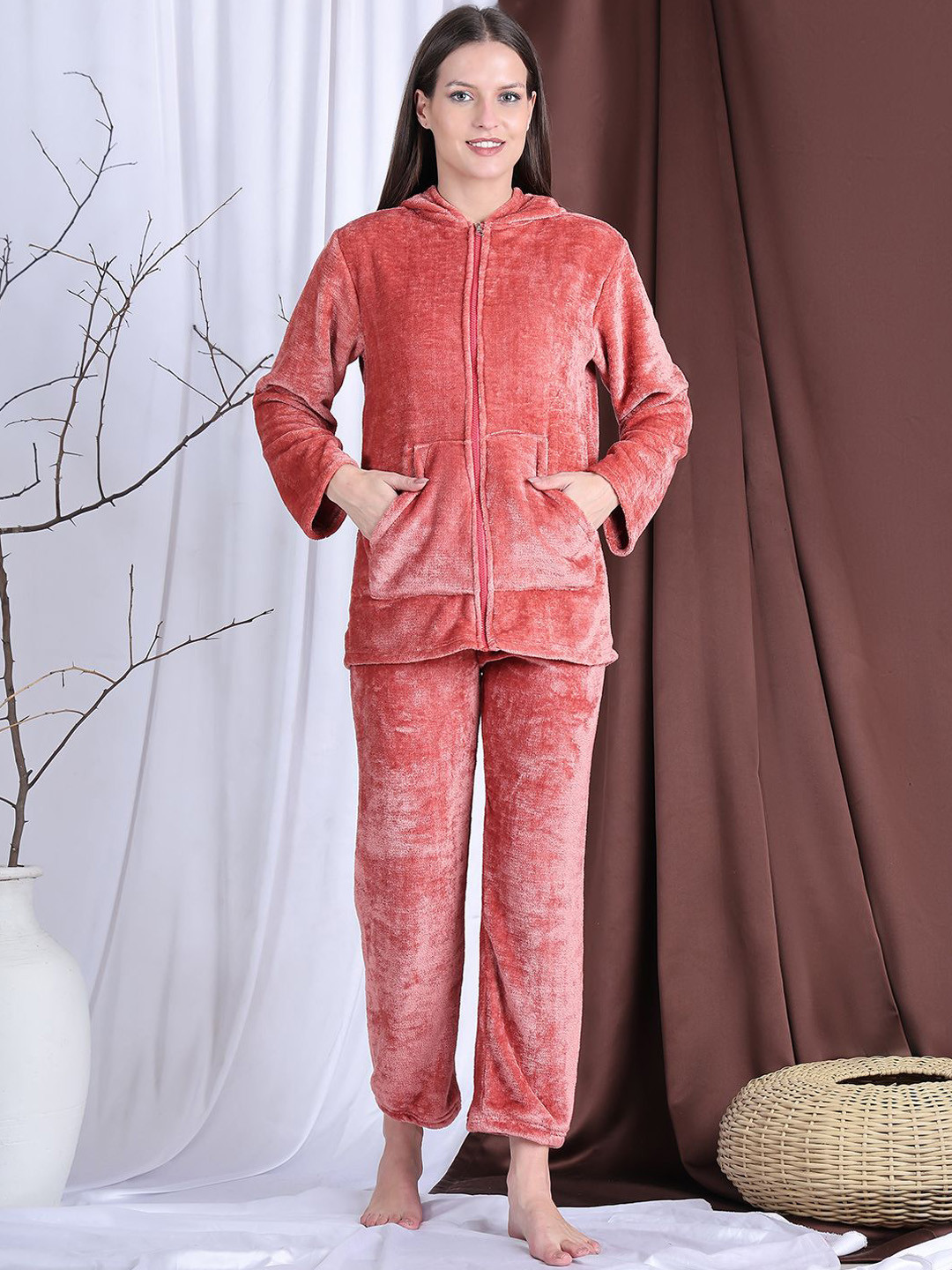 NEUDIS Women Hoodie and Trouser Woolen Fur Night suit