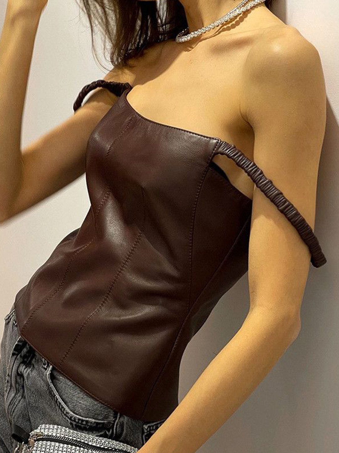 bebe Brown PU Leather Shoulder Strap Corset Style Top