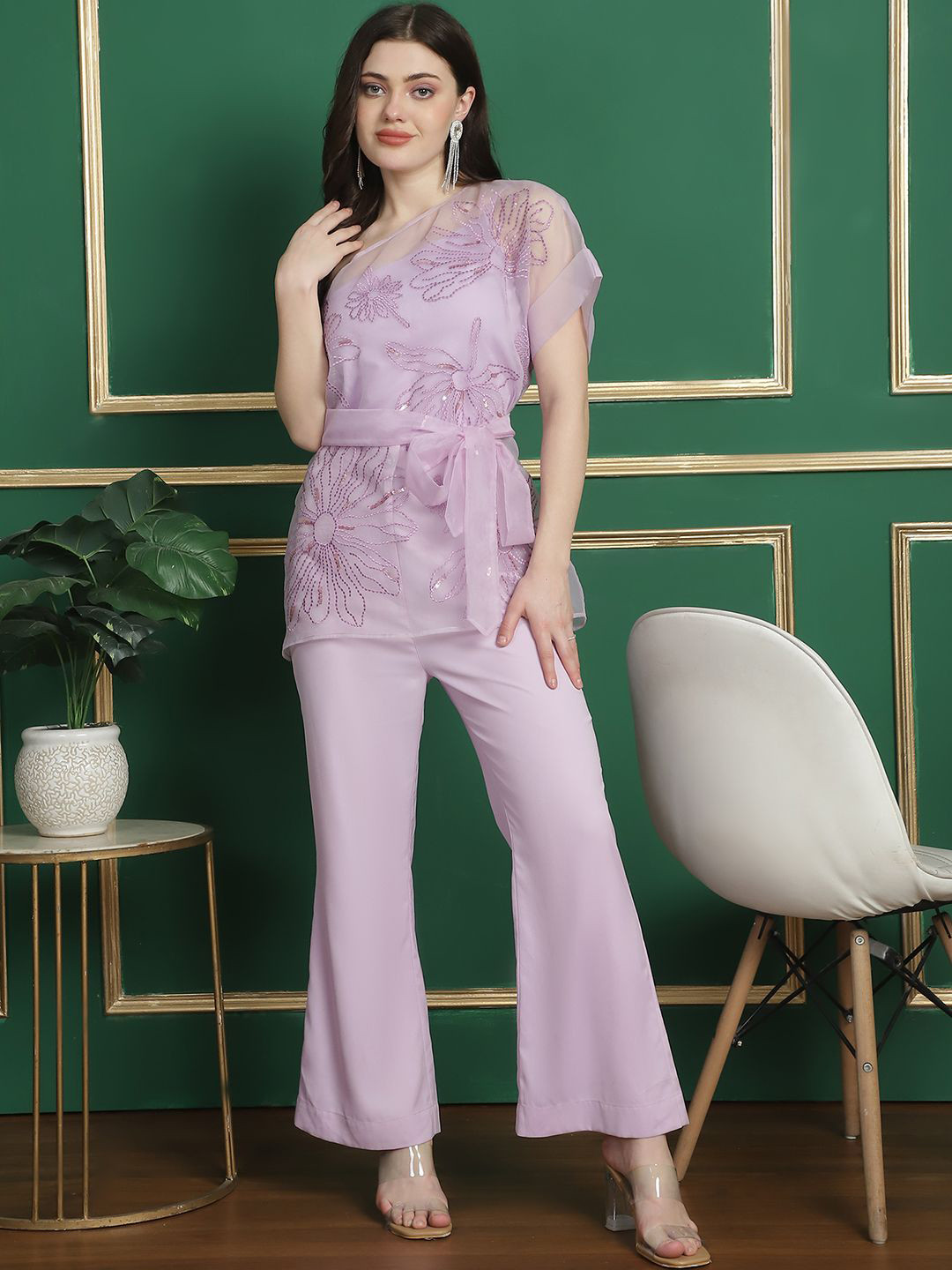 BLANC9 Embroidered One Shoulder Top With Trousers Co-Ords