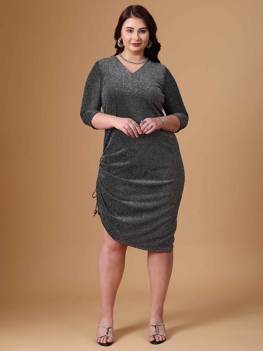 Curvy Lane Plus Size Women V-Neck Embellished Bodycon Dress
