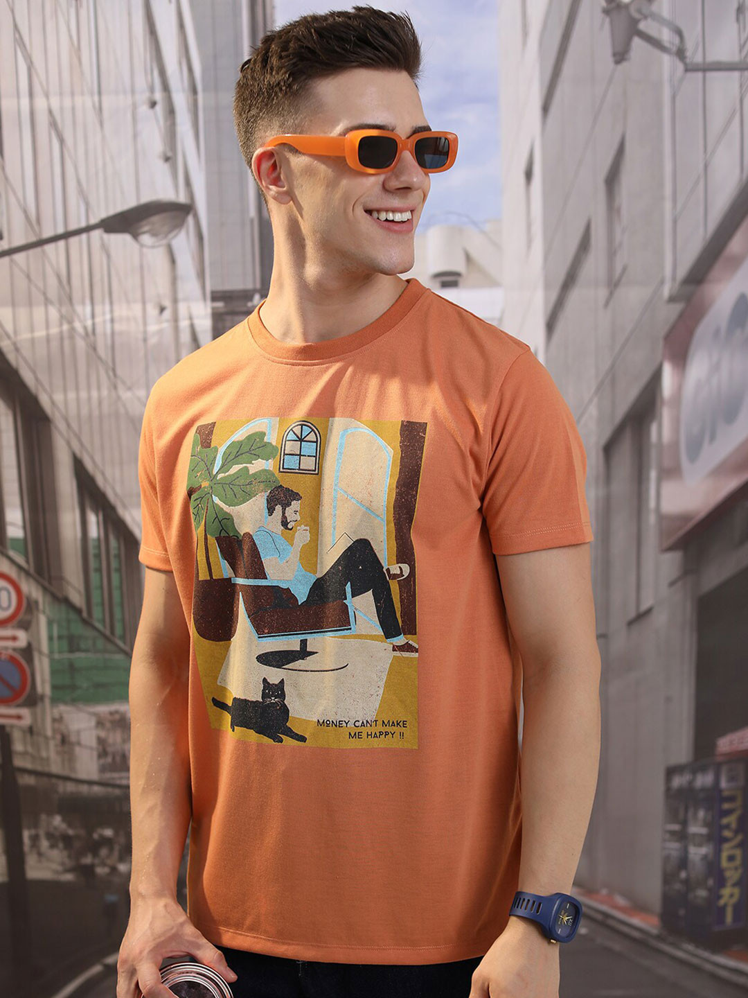 HIGHLANDER Camel Brown Graphic Printed Slim Fit T-shirt