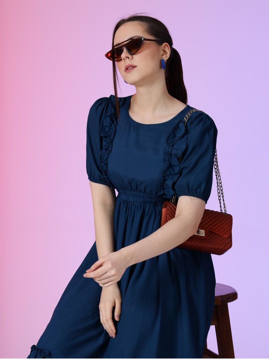 Femvy Women Puff Sleaves Ruffles Fit & Flare Casual Midi Dress