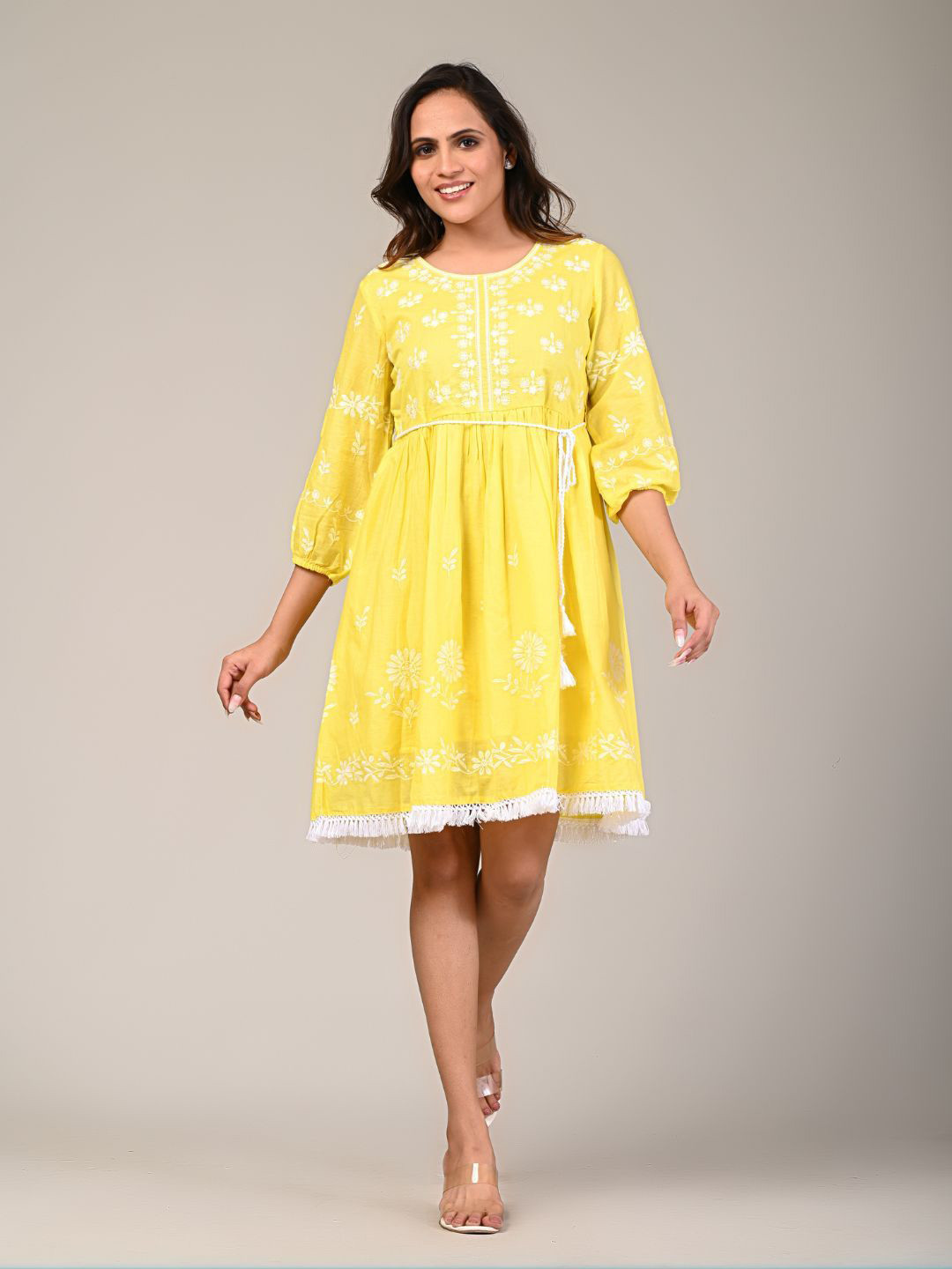 Zolo Label Women Floral Embroidered Fit & Flare Cotton Dress With Belt