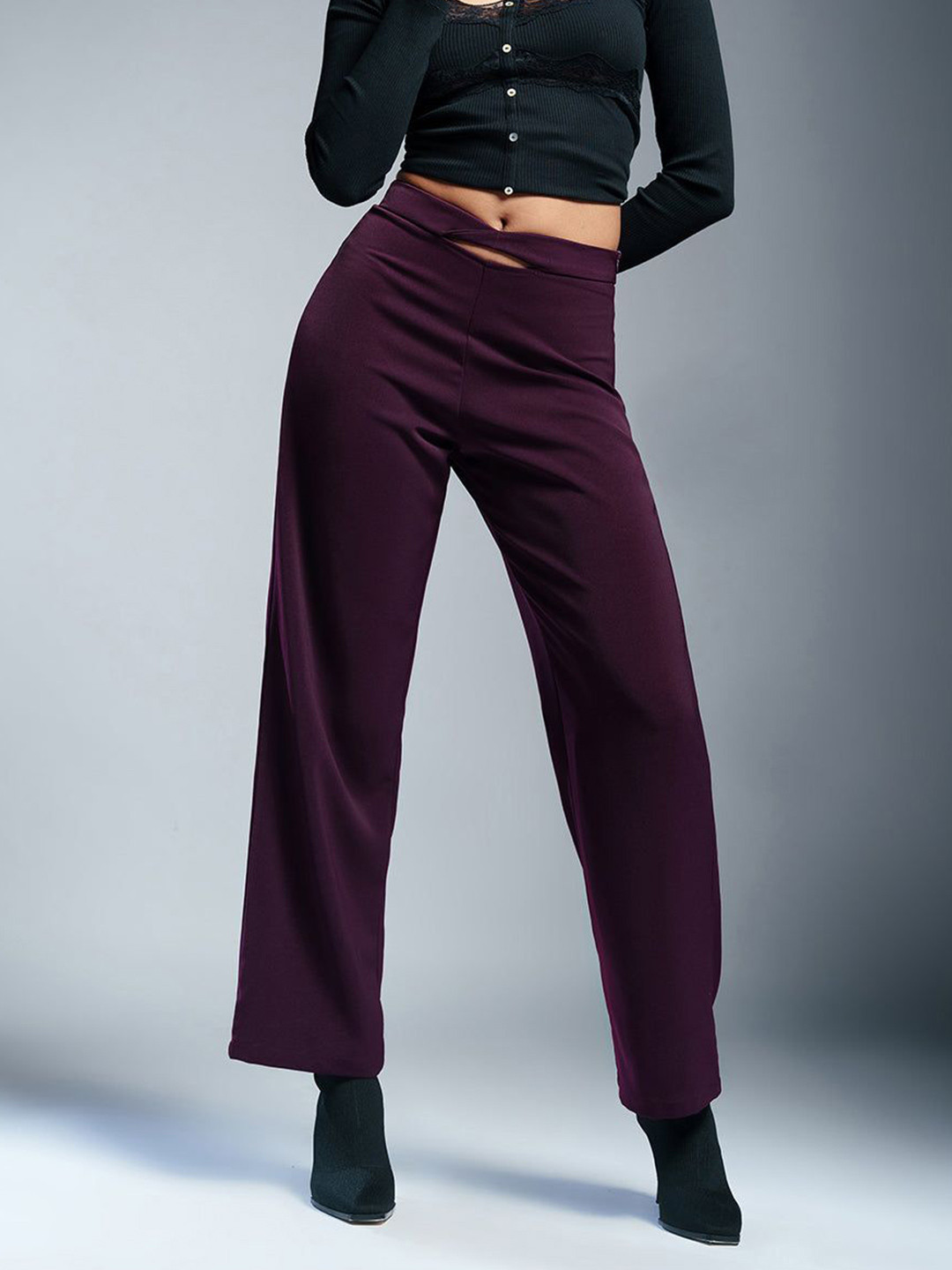 FREAKINS Women Ruby Wine Twisted Waist Korean Pants