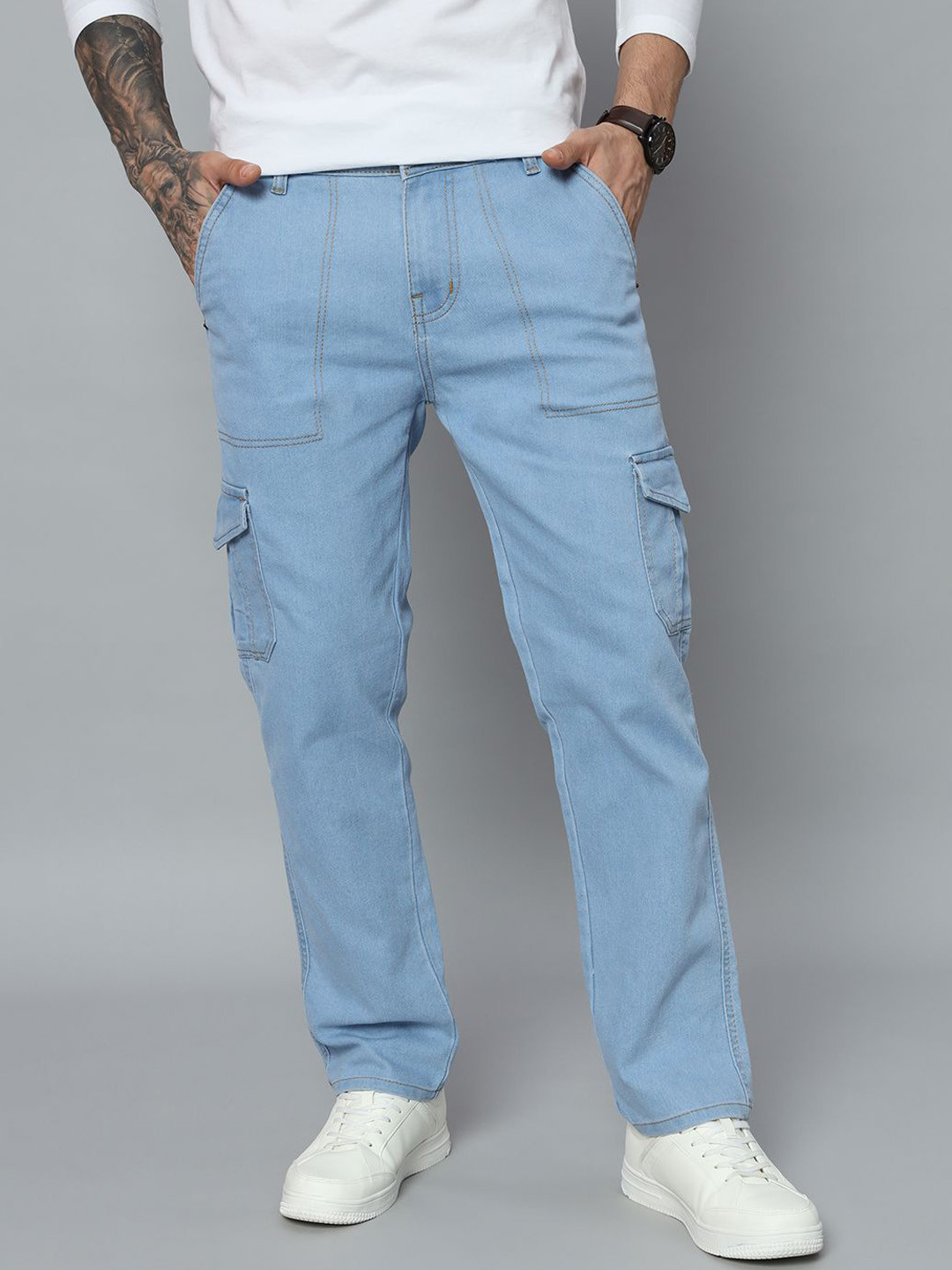 DENIMLOOK Men Clean Look Mid-Rise Regular Fit Cargo Jeans