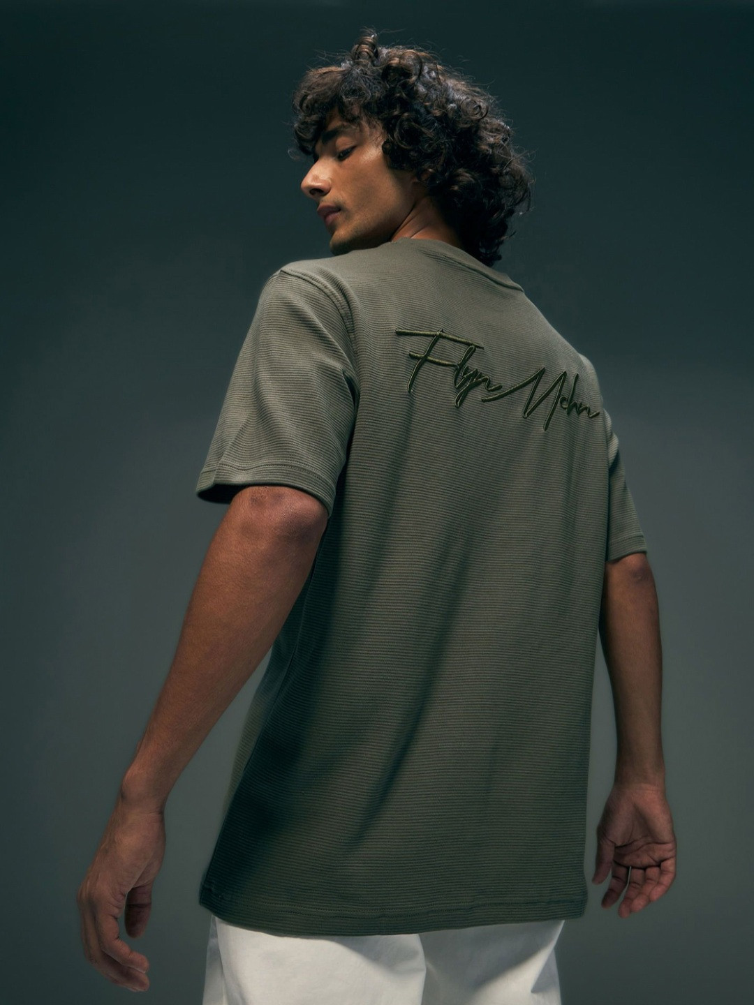 Flying Machine Textured Typography Embroidered Pure Cotton Regular Fit T-shirt