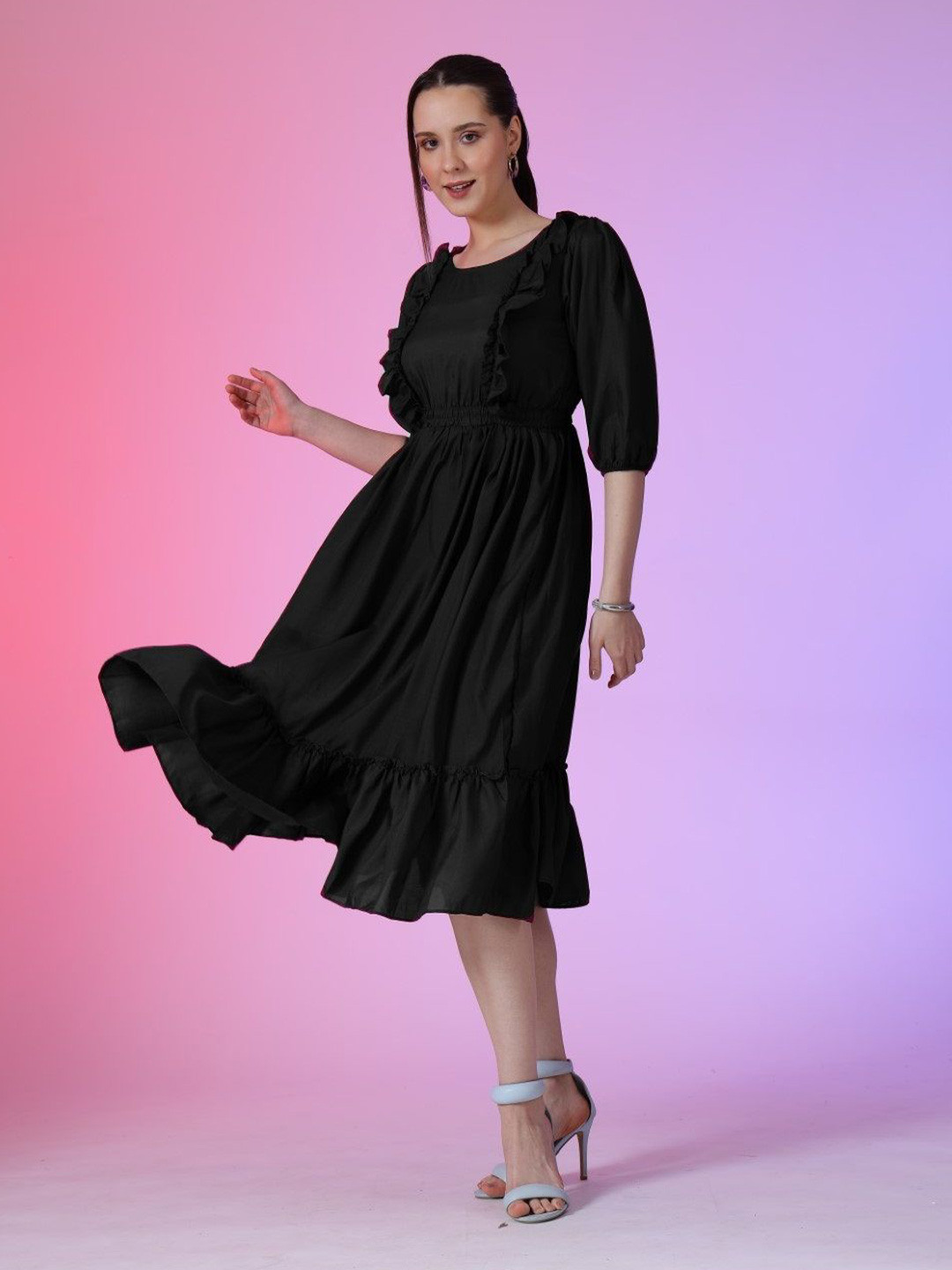 Femvy Women Fit & Flare Midi Dress With Ruffles Detailed