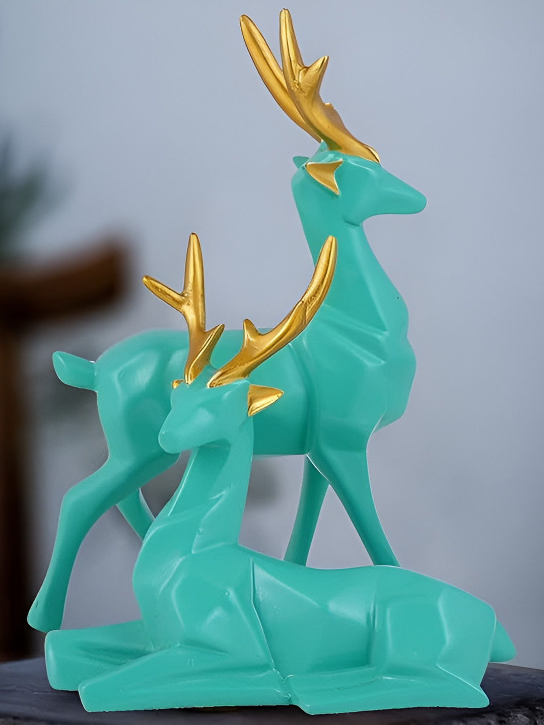 Zart Deer Green Polyresin Matte Living Room Set of 2 Medium Showpieces - 10 Inches