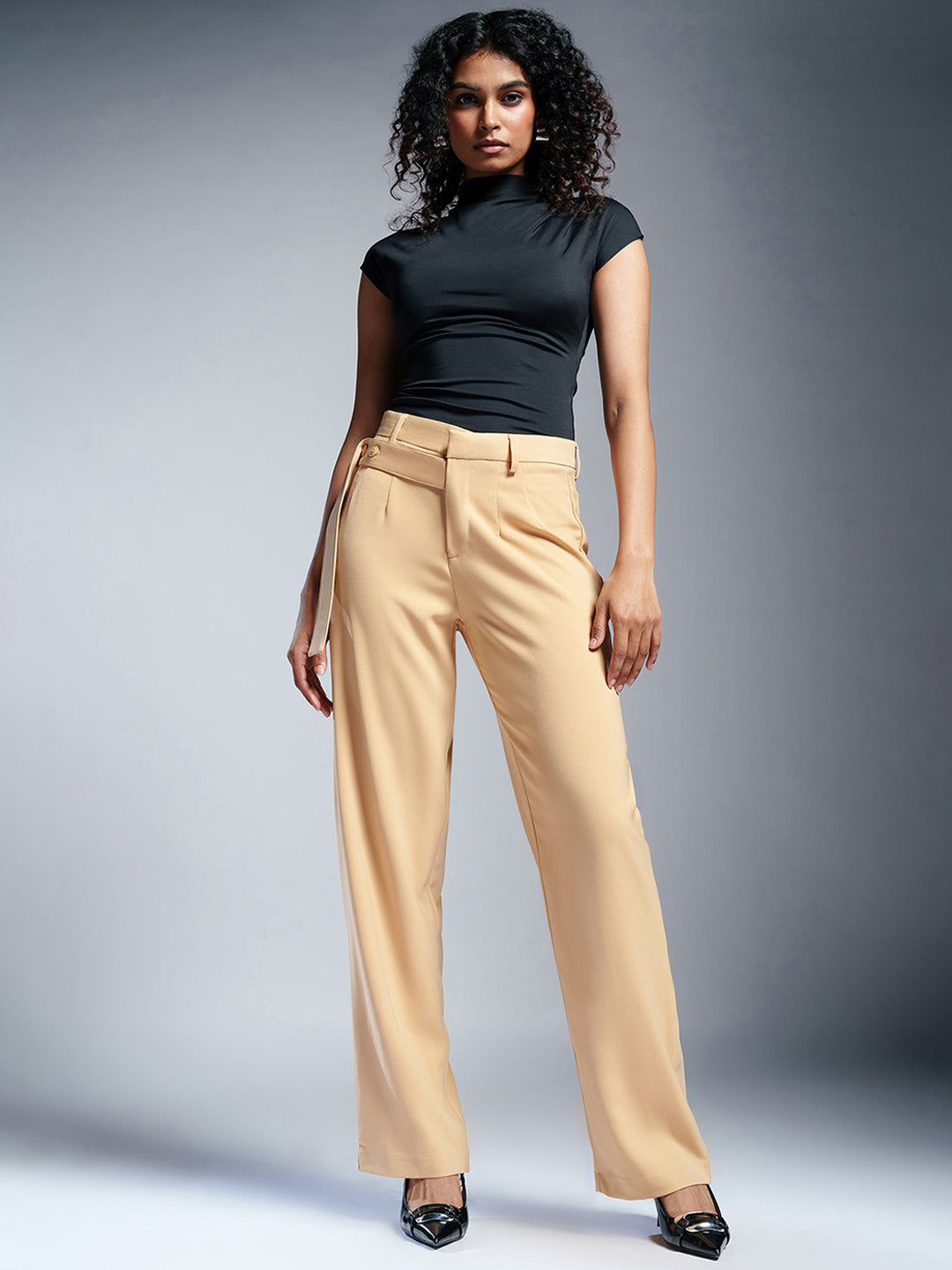 FREAKINS Sunlit Beige Strap Detailed Korean Pants