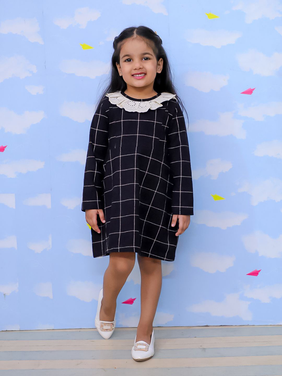 The Mom Store Girls Checked Lace-Up A-Line Cotton Dress