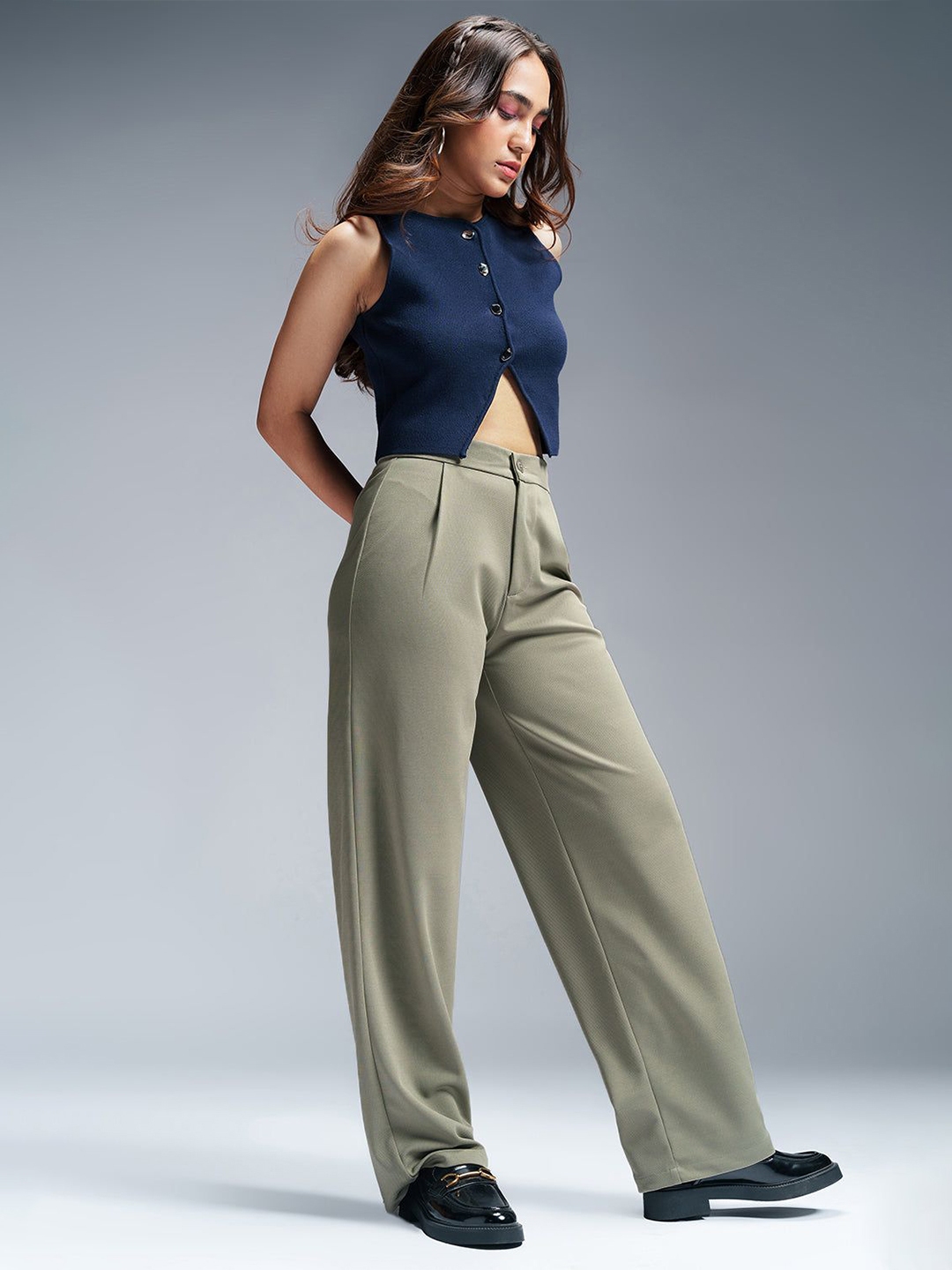 FREAKINS Pastel Olive Women's Textured Korean Pants - Trousers for Women 31752747 | Myntra