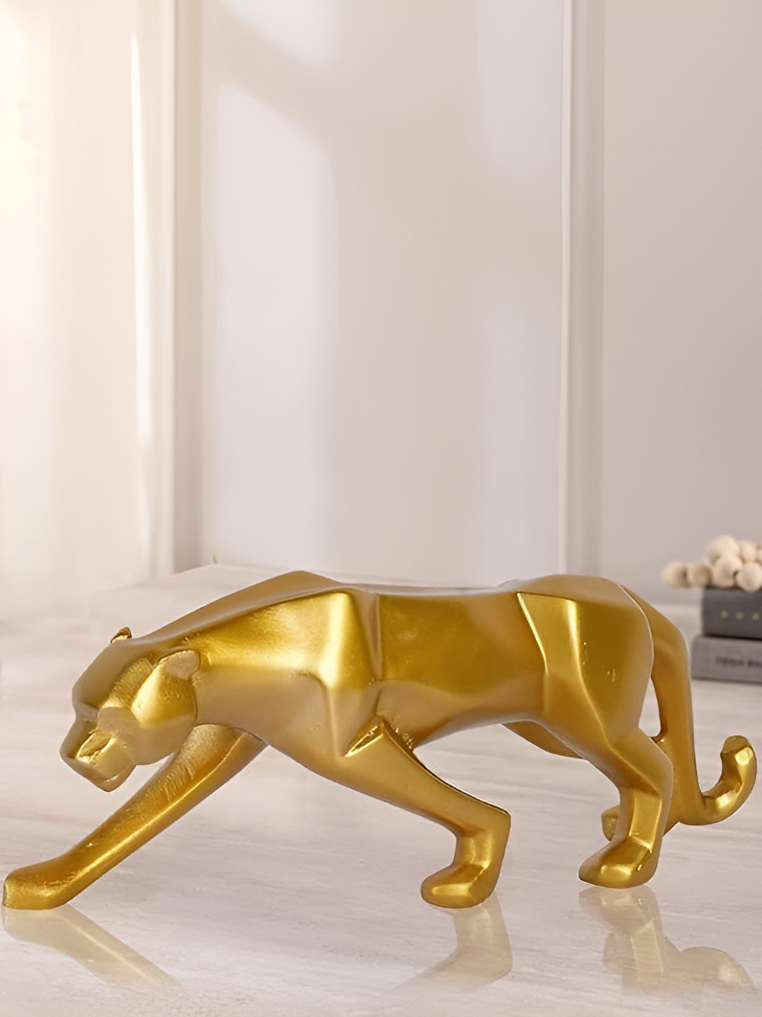 Zart Jaguar Gold Polyresin Natural Living Room Medium Showpiece - 3.5 Inches