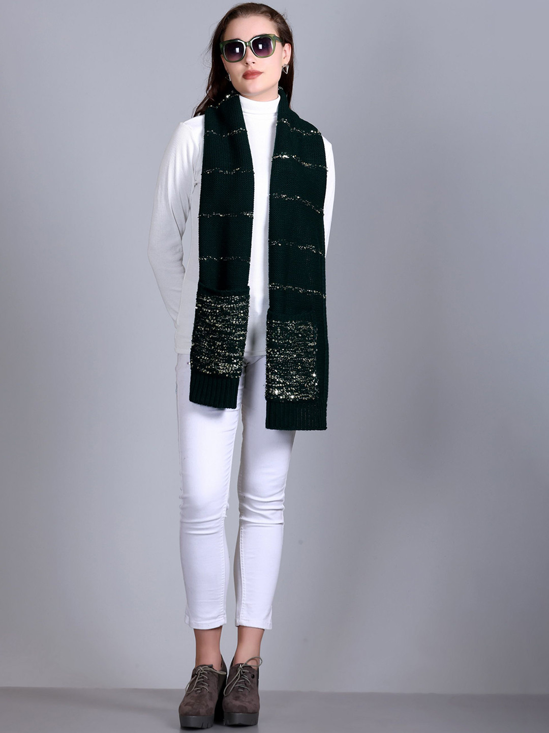 513 Women Acrylic Self Design Muffler With Hand Warmer Pocket