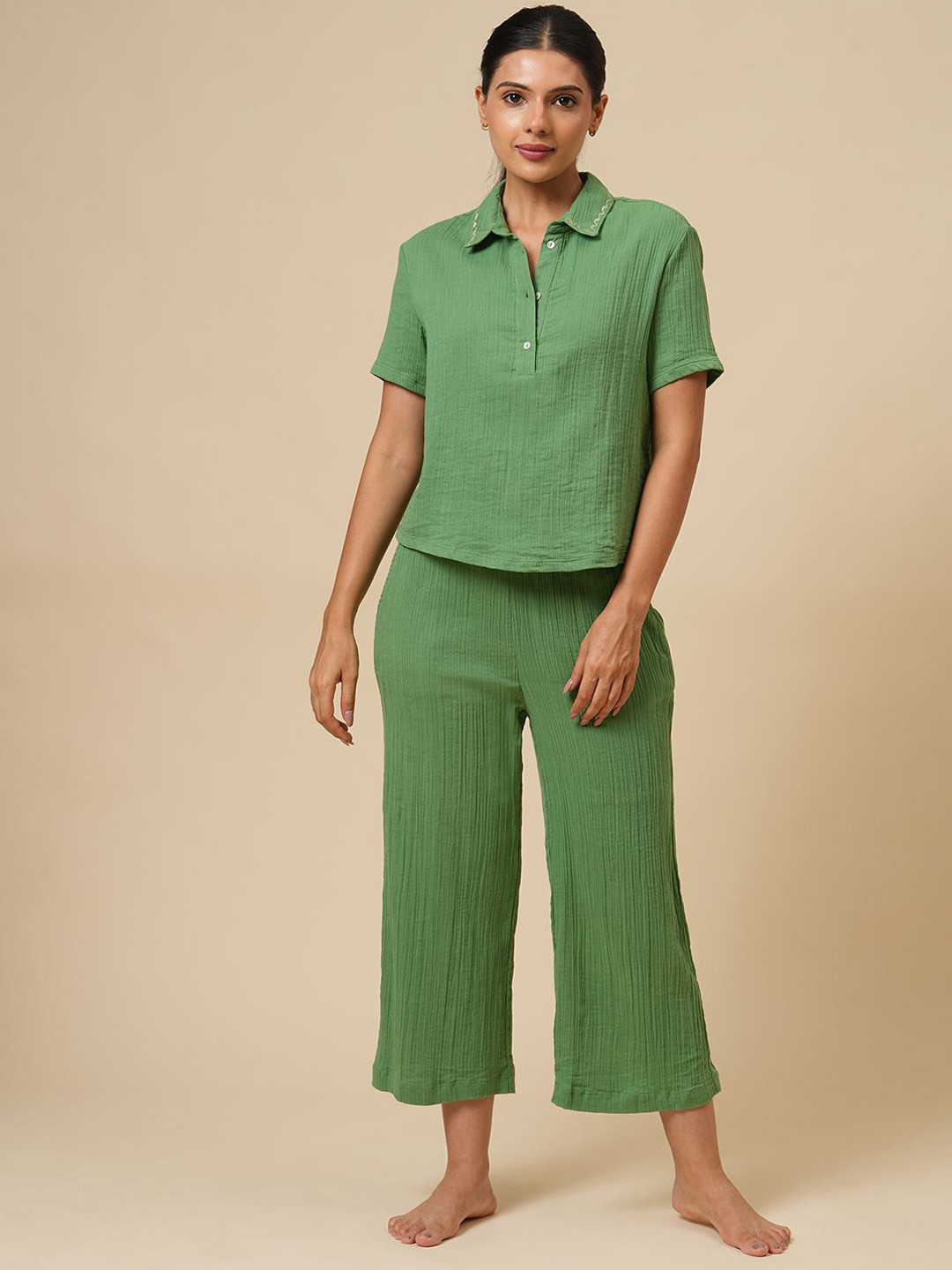 Chemistry Women Shirt Collar Pure Cotton Night suit