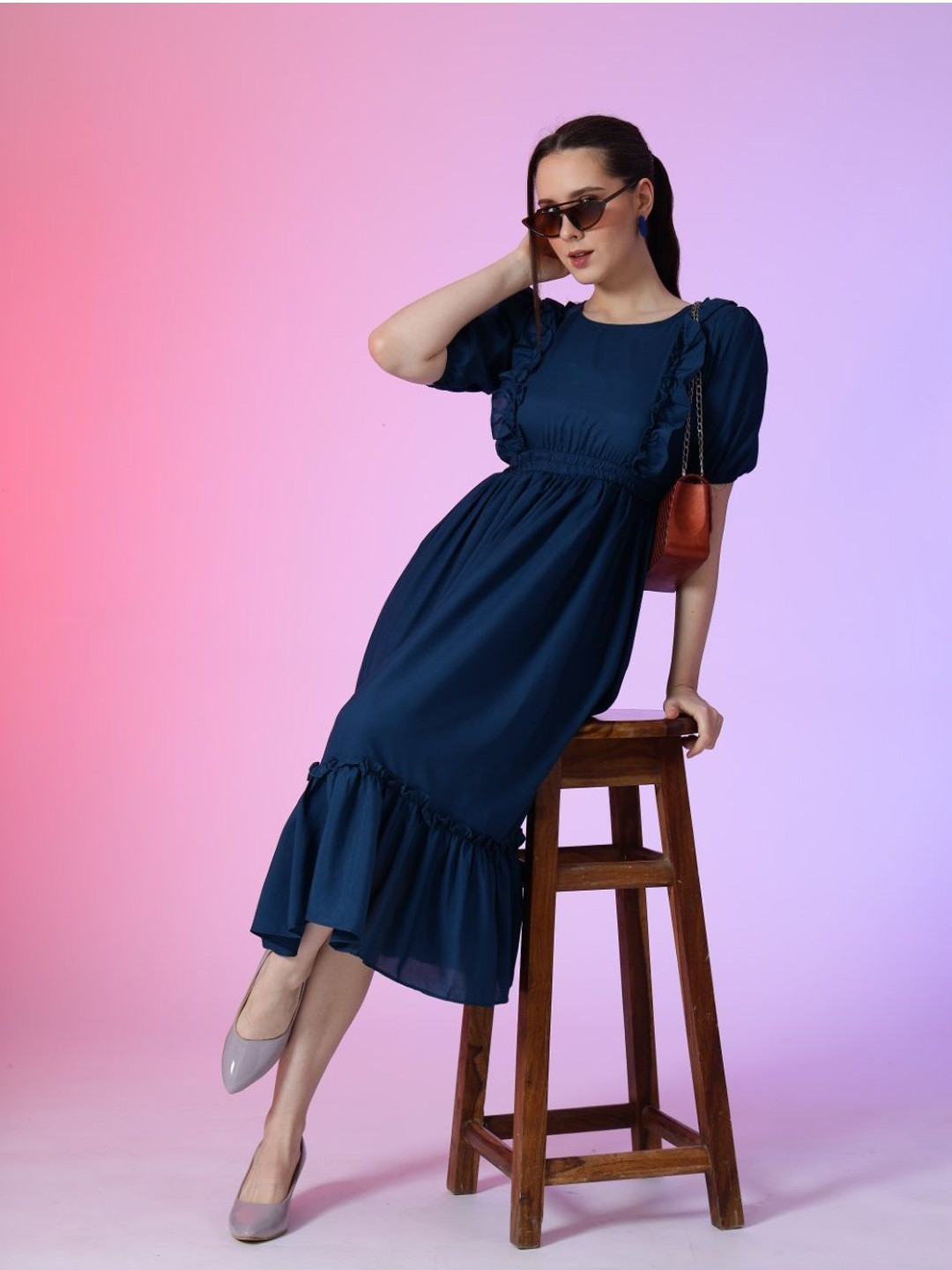 Femvy Women Puff Sleaves Ruffles Fit & Flare Casual Dress