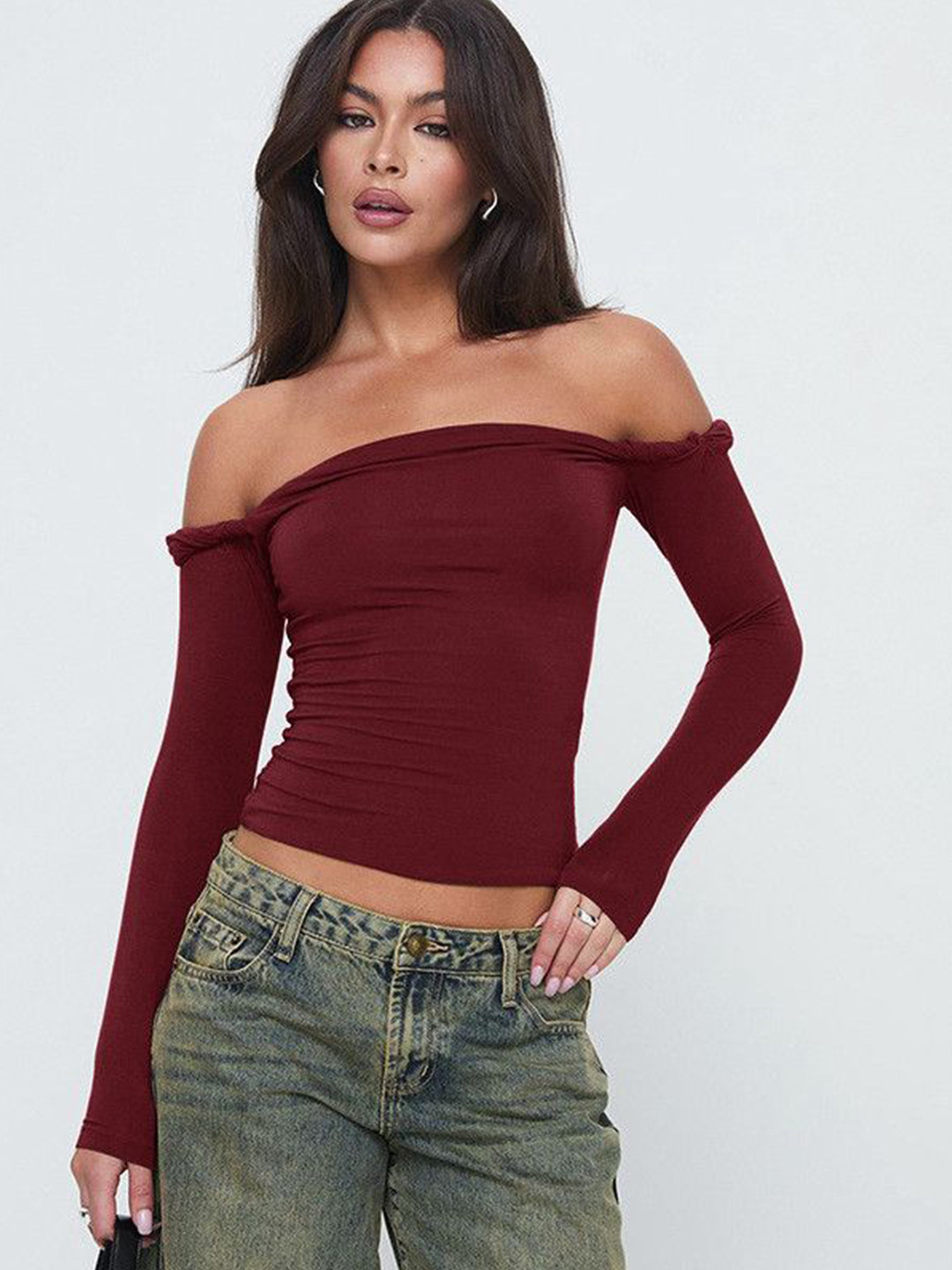 bebe Burgundy Off-Shoulder Full Sleeve Top