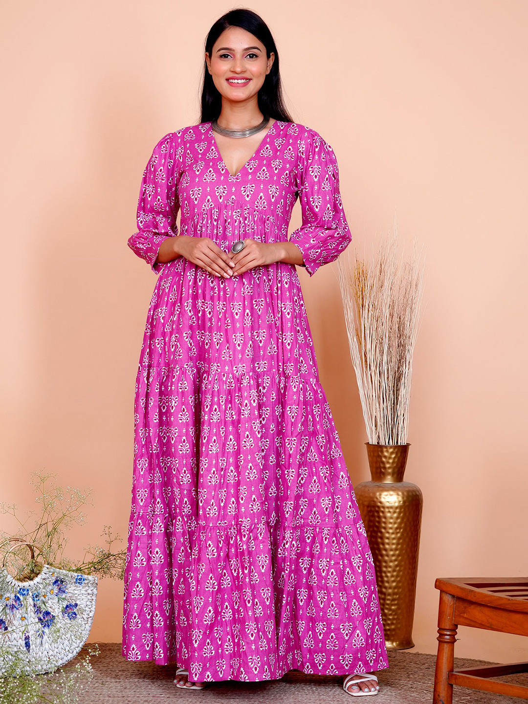 Salvia Sky Women Ethnic Motifs Printed Cotton Maxi Ethnic Dresses