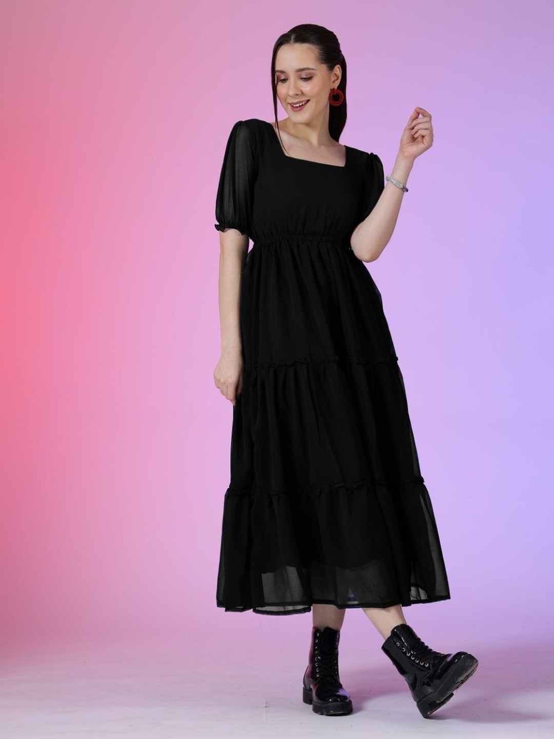 Raiyani Enterprise Women Puff Sleeve Fit & Flare Midi Dress