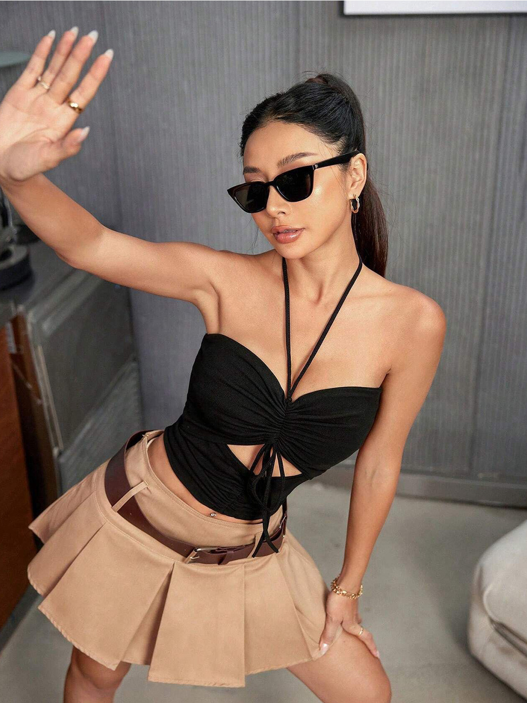 bebe Black Halter Neck Cut-Out Ruched Crop Top