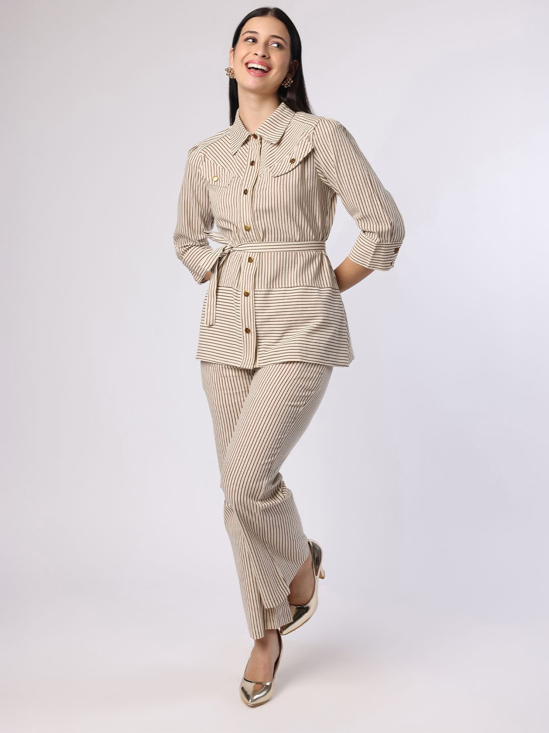BLANC9 Gold Striped Pure Cotton Top With Trouser Co-Ords
