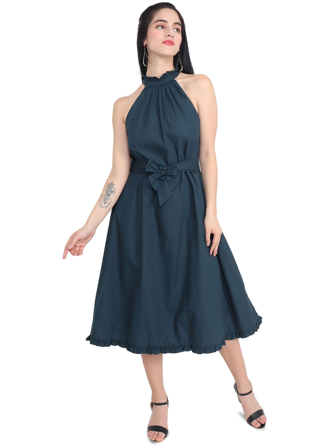 AUDRAPE Women Cotton Halter Neck A-Line Dress