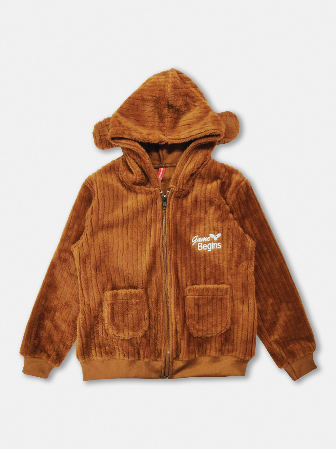 Here&Now X Game Begins Girls Self-Striped Hooded Fleece Fuzzy Sweatshirt