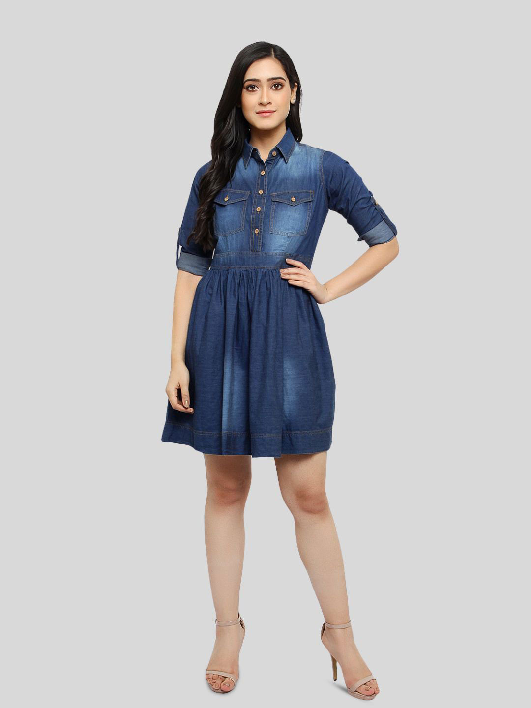 MANTICORE Women Shirt Collar Denim A-Line Dress