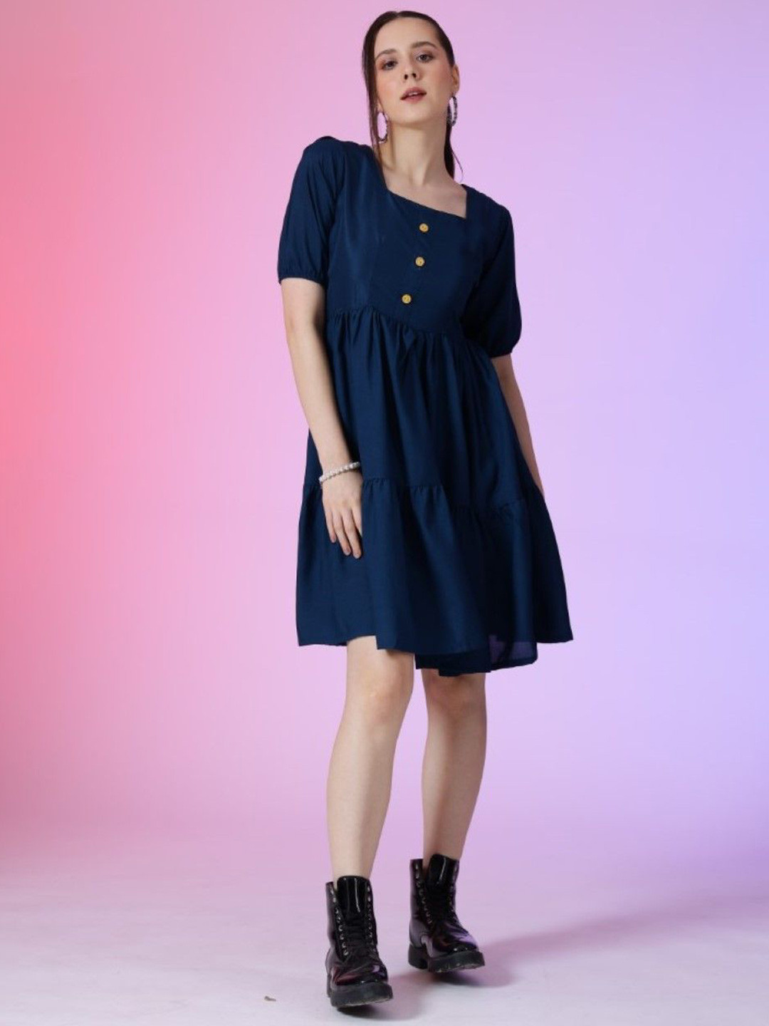 Raiyani Enterprise Square Neck Puff Sleeves Tiered Fit and Flare Dress