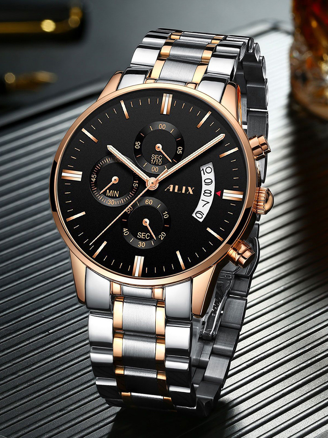 ALIX Men Brass Dial & Stainless Steel Bracelet Style Straps Analogue Watch AL2309 SBRG