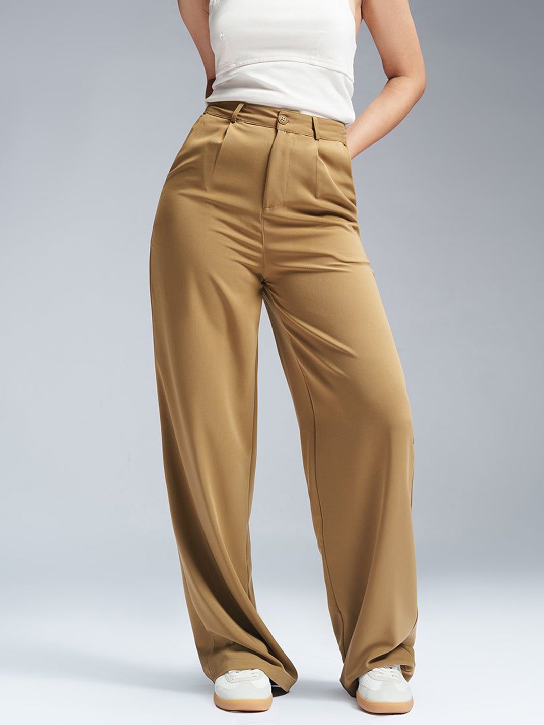 FREAKINS Women Relaxed Straight Fit High Rise Single Pleated Korean Trousers - Trousers for Women 31752736 | Myntra