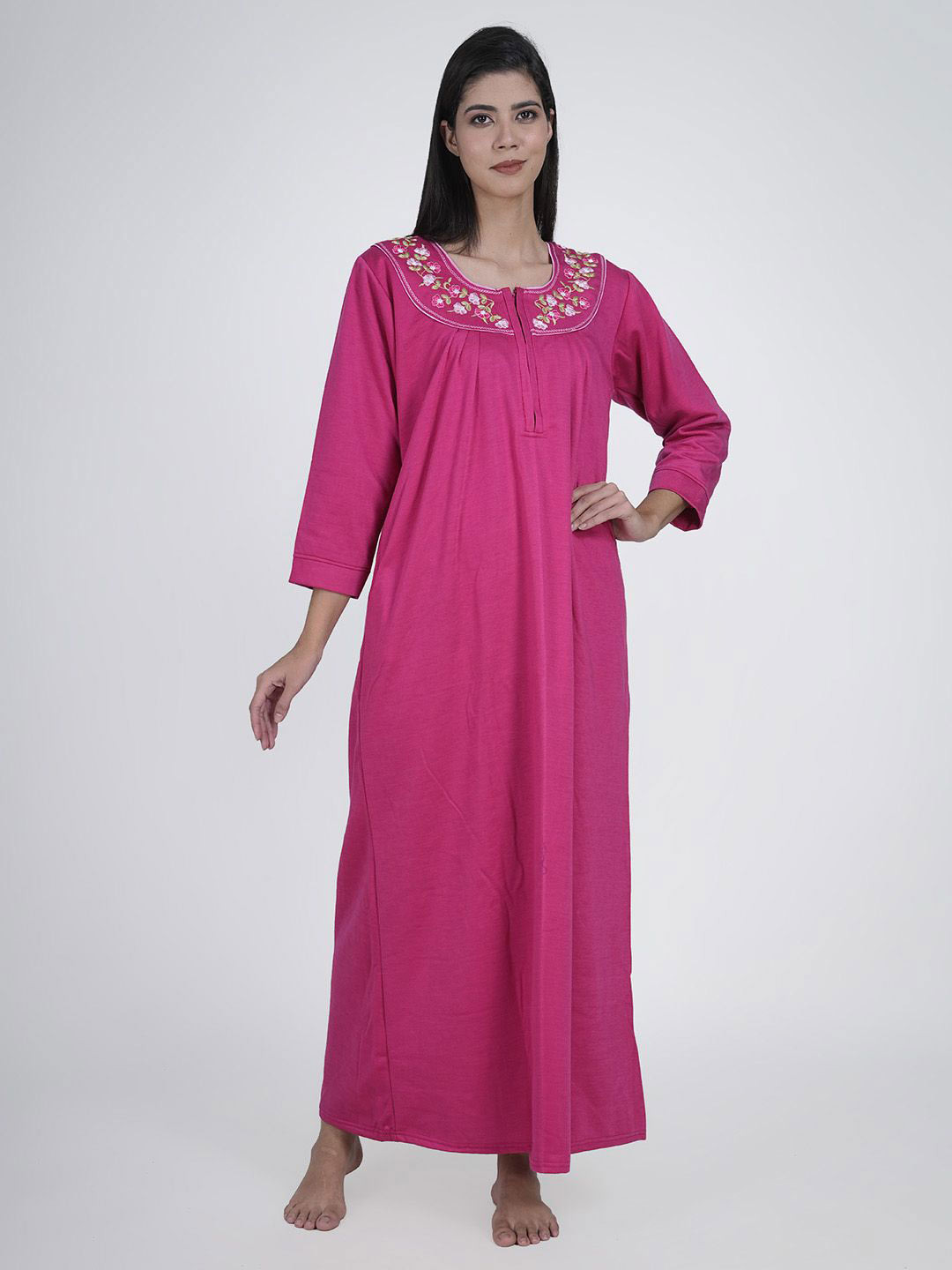 Aartej Women Pink Fleece Embroidered Nighty