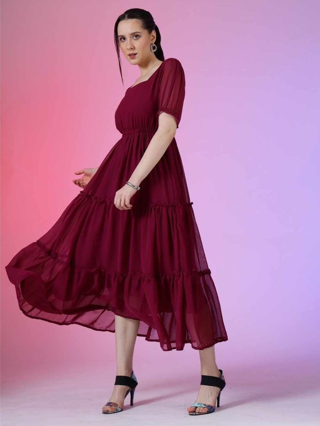 Raiyani Enterprise Puff Sleeve Georgette Fit & Flare Midi Dress