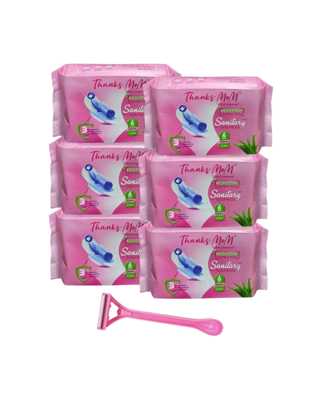THANKS MOM Set Of 6 Organic Cotton Ultra Thin Sanitary Pads - 6 Pcs Each With Razor
