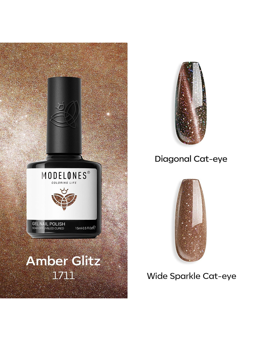 Modelones Soak Off UV & LED Cat Eye Gel Nail Polish- 15 ml- Amber Glitz 1711
