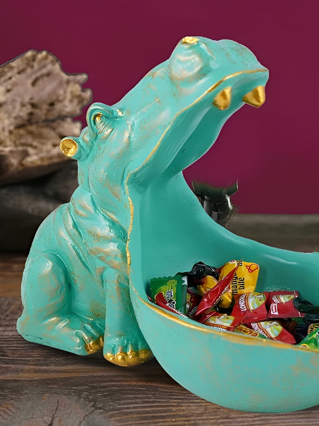 Zart Angry Hippopotamus Green Polyresin Glossy Living Room Medium Showpiece - 8 Inches