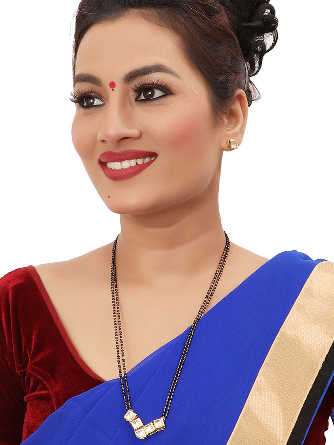 Knigght Angel Jewels Gold-Plated Kundan-Studded & Beaded Mangalsutra With Earrings